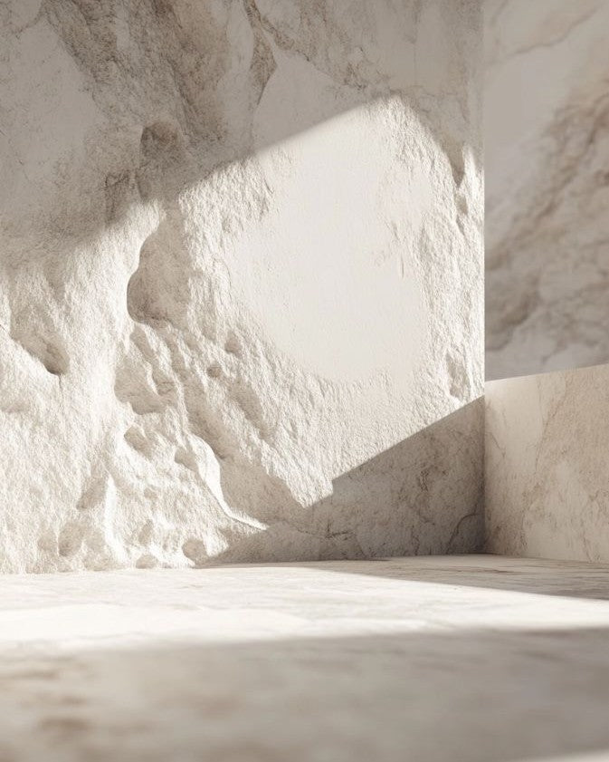 RÆR | RAER Minimalist beige stone textured wall and floor with natural light and shadow