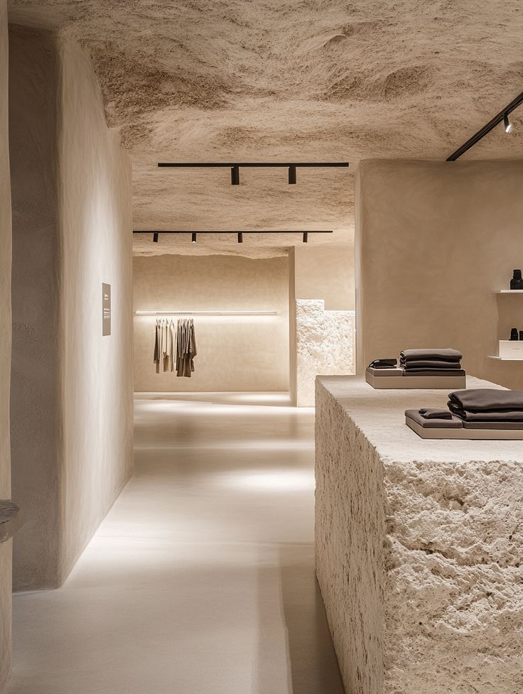 RÆR | RAER Minimalist boutique interior with textured stone surfaces and soft beige lighting